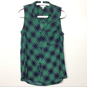 Charming Charlie Plaid Sleeveless Button Down Navy